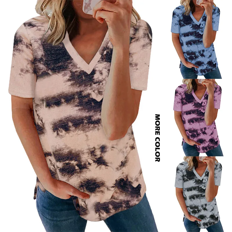 

Hot Sale Tie Dye Top Summer Short Sleeve V-Neck Casual T Shirt Women