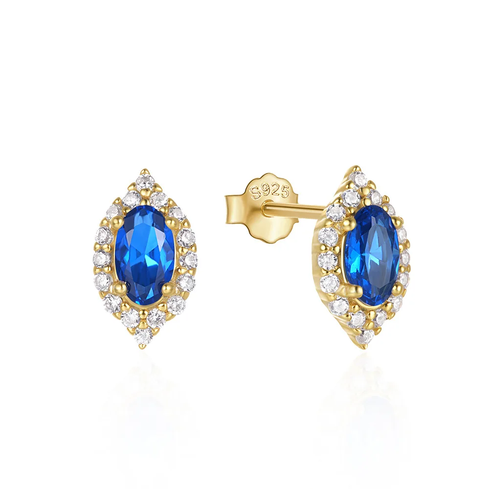 

Luxury Vintage 925 Sterling Silver 18K Gold Plated Blue Zircon Marquise Cut Diamond Dainty Stud Earrings