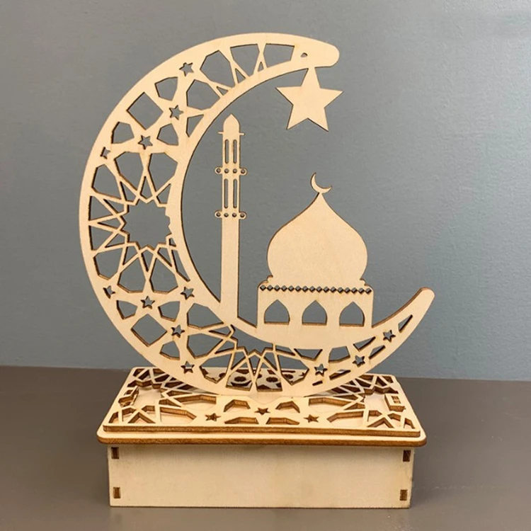 Wood Eid Mubarak Muslim Home Decoration Led Wooden Ornament Gifts Moon