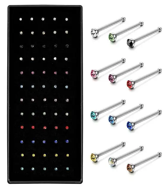 

60PCS Stainless Steel Crystal Nose Pack Indian Nose Lot Piercing Set Crystal Nariz Ring Bulk Nose Piercing Stud Jewelry Set