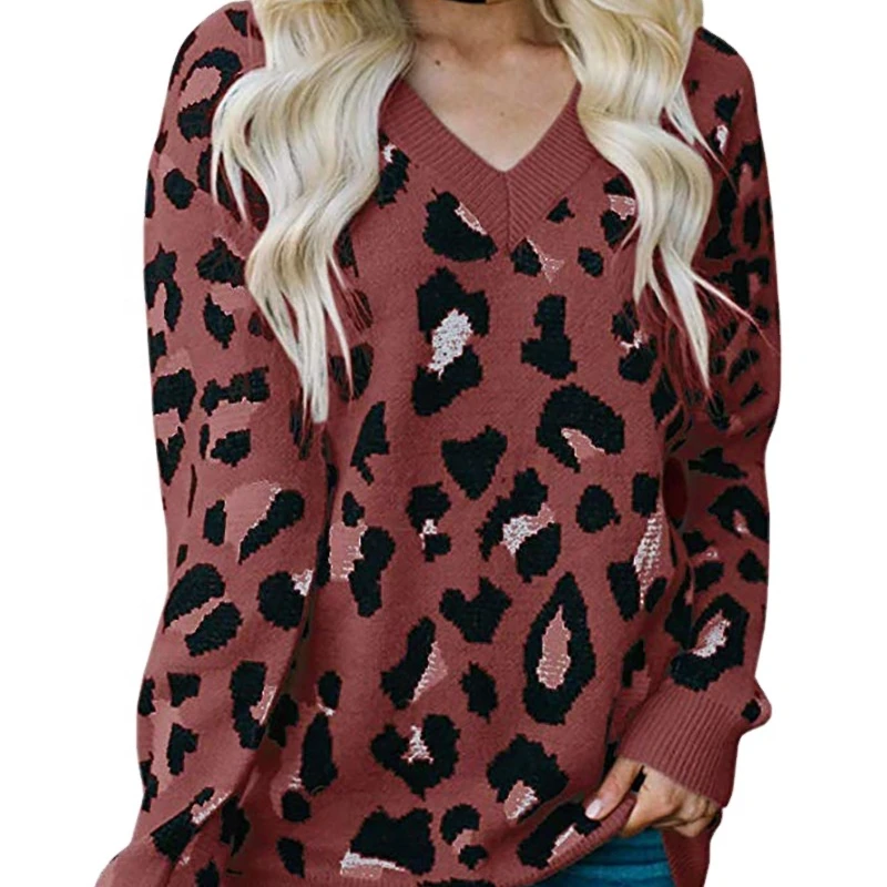 

V-neck sweaters for women leopard print plain plus size girl fall sweater, Customized color