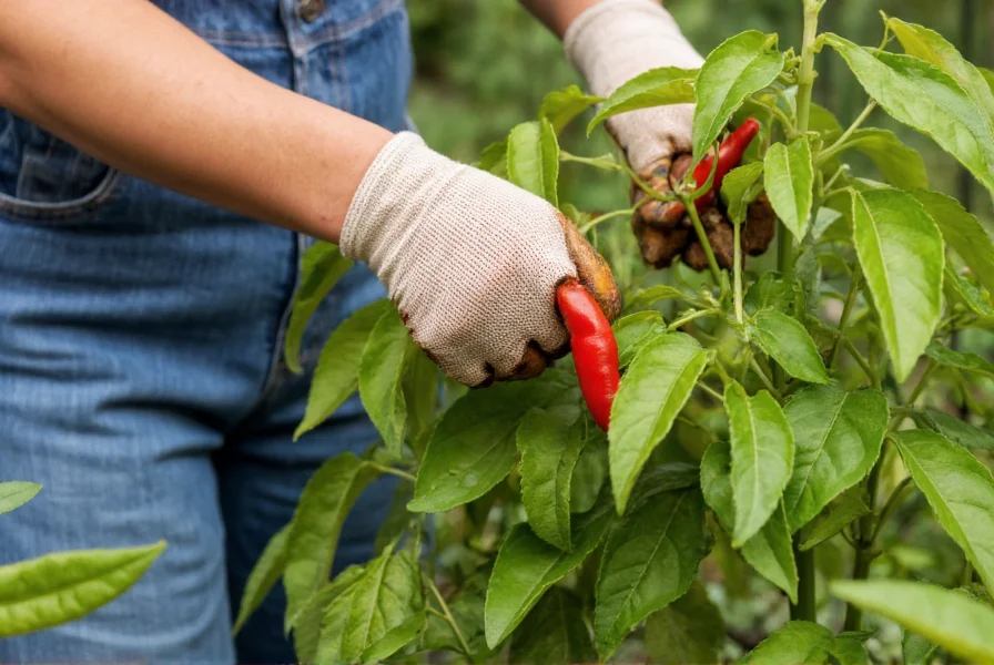 Home gardener wearing gloves while harvesting various spicy pepper varieties from garden plants