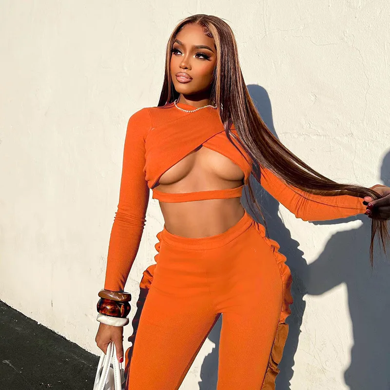 

Shopify Hot Sale Solid Color Long Sleeve Crop Top Pencil Pants Women 2 Piece Spring Set For Streetwear, Black, orange