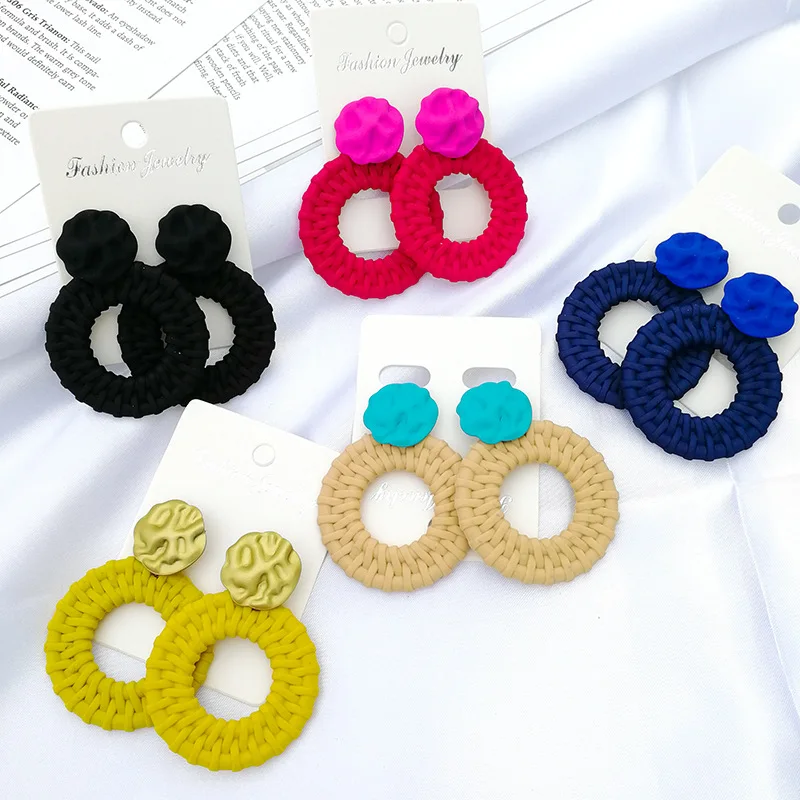 

ethnic Geometric statement multicolored round Straw braided hollow hoop rattan Acrylic earrings, Yellow/blue/black/beige/red