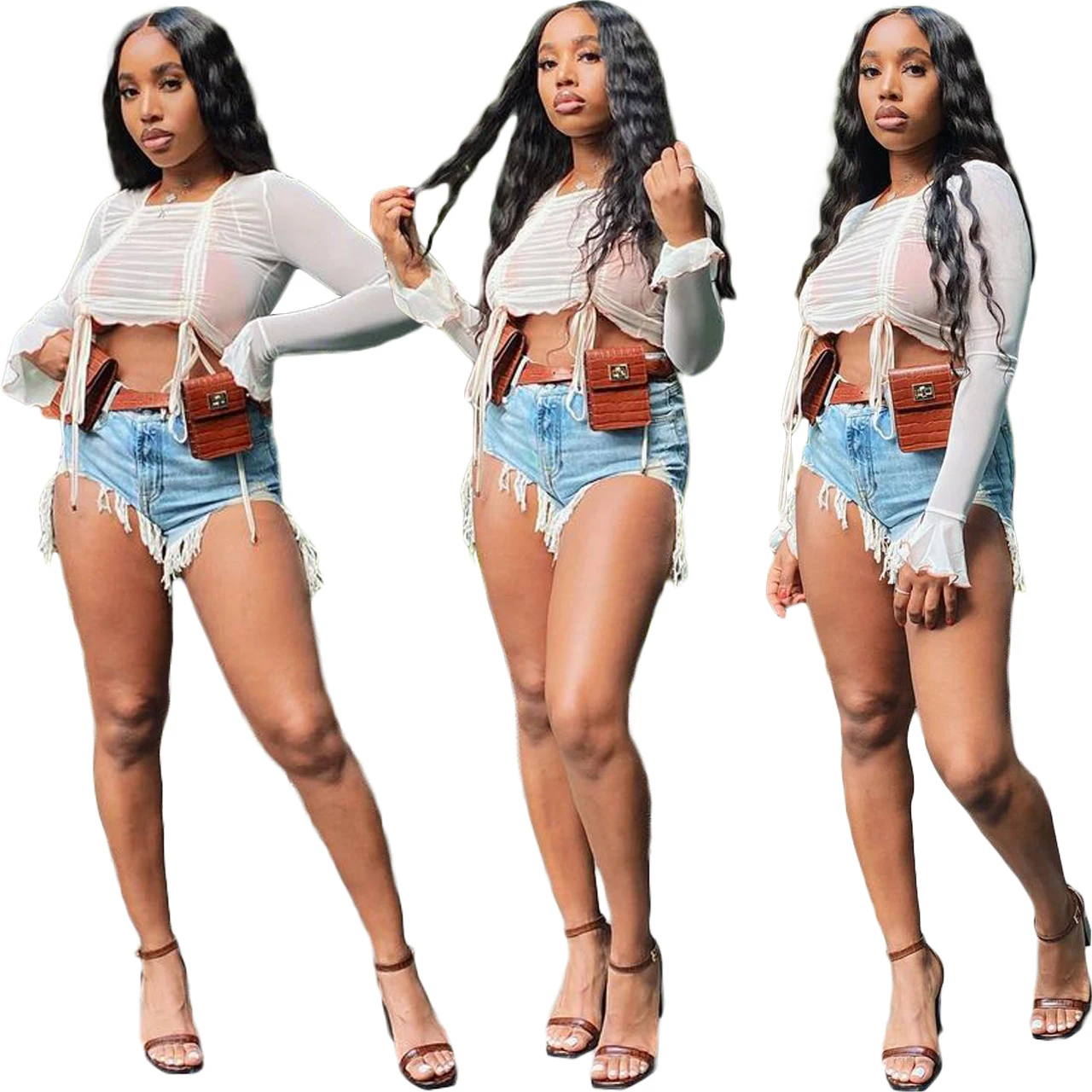 

Fashionable wear irregular tassel shorts high waist summer button jean pants short denim shorts women