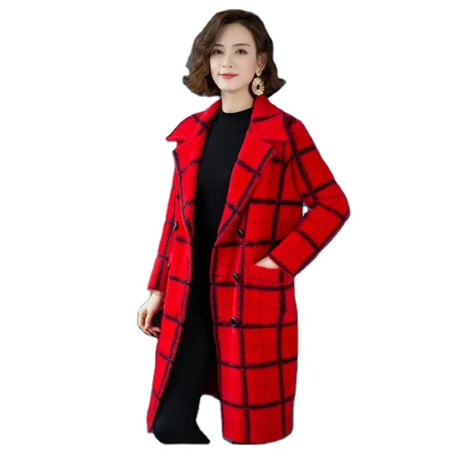

IHSN170 Ladies 100 kg loose and thick coats mid-length mink velvet plaid coat extra plus size woolen tops
