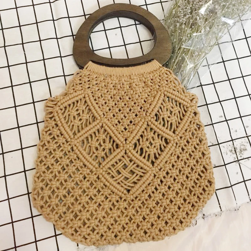 

Seaside Beach Travel Wooden Handle Handmade Crochet Macrame Tote Small Handbag, Khaki