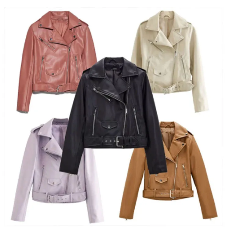 

BMURHMZA 2021 new women's wear spring and autumn close-fitting short belt lapel motorcycle leather jacket coat, Picture