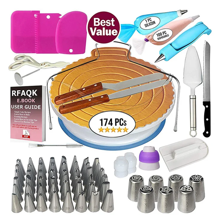 

174 Pcs Cake Decorating Supplies Kit Baking Nozzles Pastry Tools Turntable Fondant Cake Decorating Tools Accessories Set, Customized color