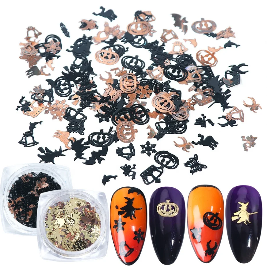 

Mix Black Gold Metal Decorations Nail Art Flakes Pumpkin Witch Spider Bat 3D Slice Halloween DIY Supplies