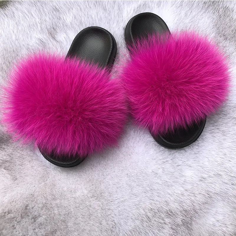 
New designer slides for women fox fur slippers 