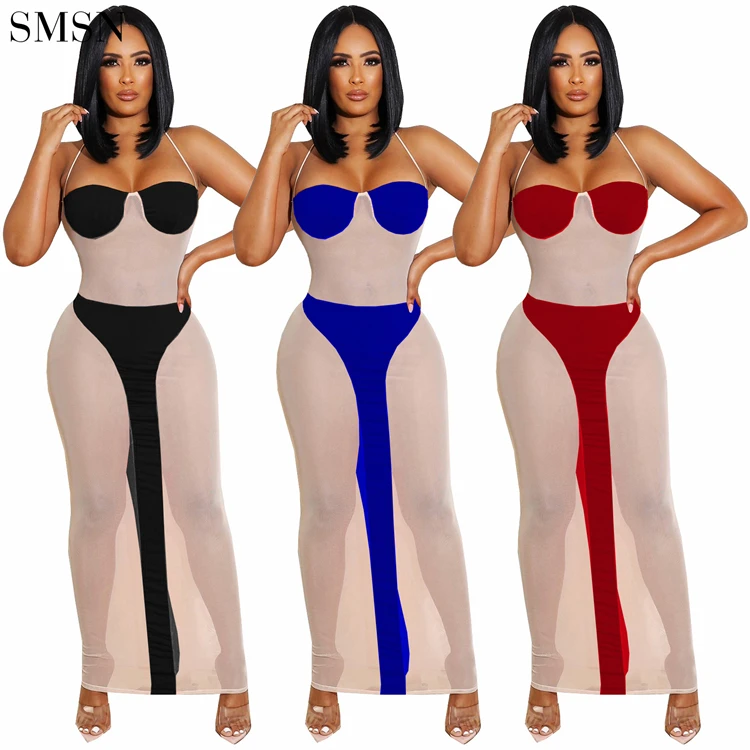 

New Style Sleeveless Halter Patchwork Dresses Women Lady Elegant Women Sexy Long Party Dress