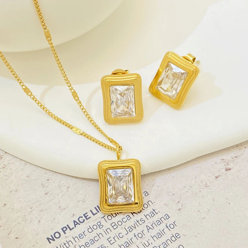 French rock sugar zircon square brick pendant necklace earrings jewelry titanium steel electroplating 18k gold-plated set