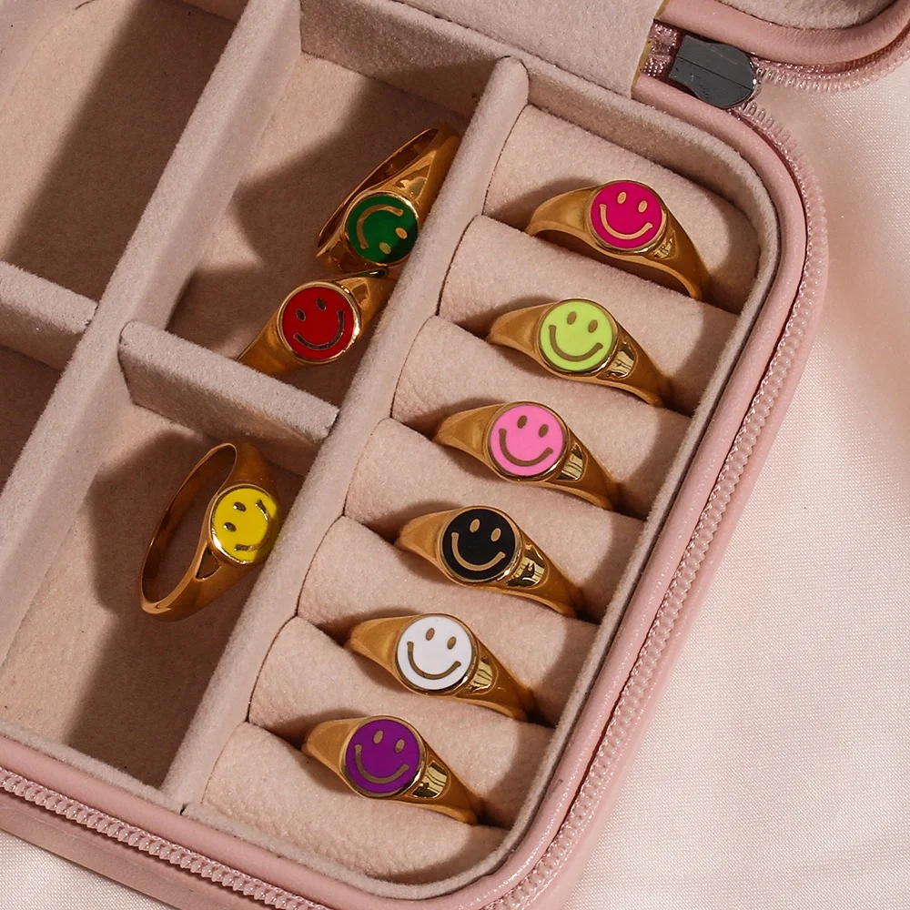 Drop Shipping Colorful Enamel Happy Face Rings 18K Gold Plated Stainless Steel Rings Women Jewelry