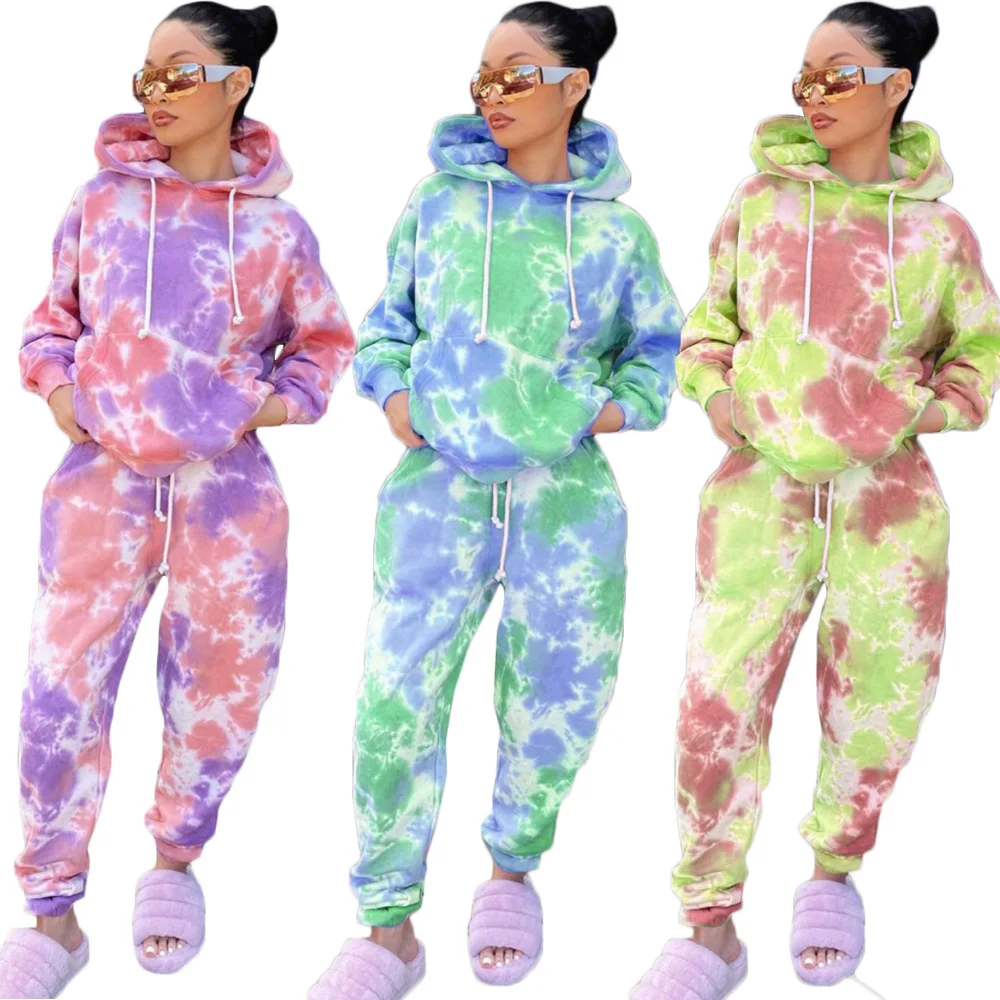 

2021 new arrivals fashion casual tie-dye printing sports style stack pants 2 piece set, As shown in figure