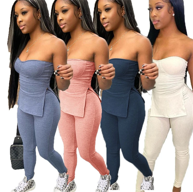 

Plus Size Women Summer Outfits 2021 Sexy One-shoulder Backless Split 2 Piece Legging Set High Waist Casual Custom Tracksuit, As picture
