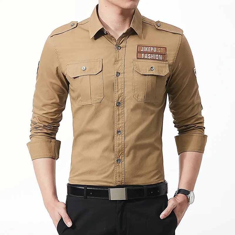 

Wholesale High Quality Cotton Multi-Pockets Military Custom Embroidered Cargo Cotton Shirts For Men, Picture shown