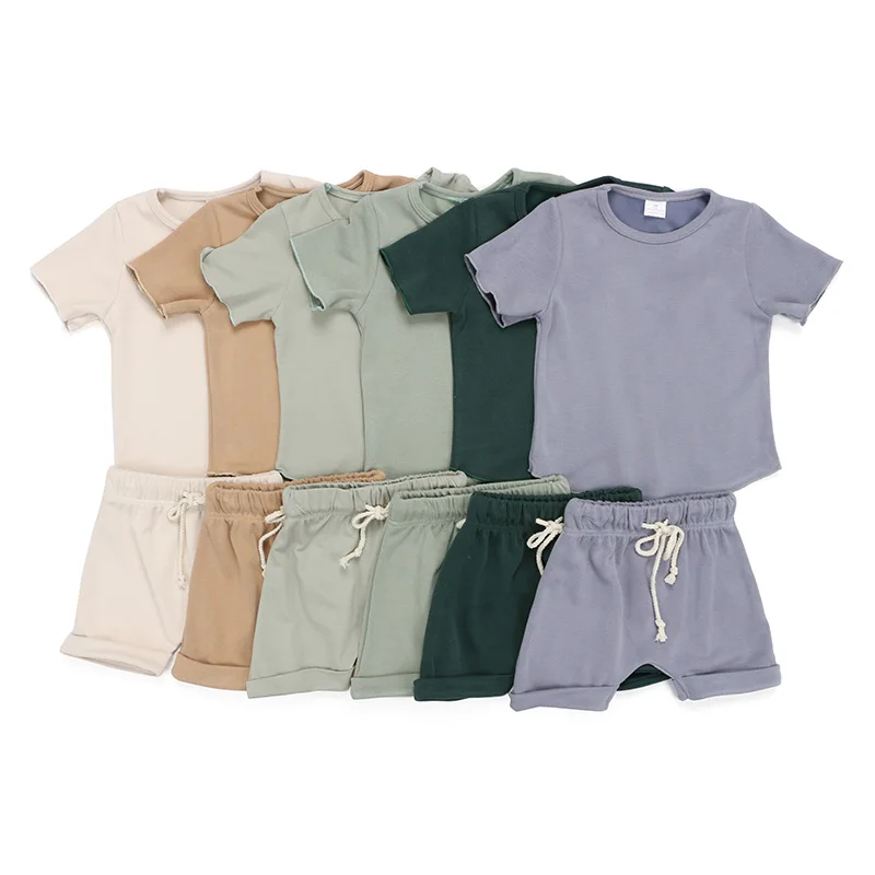 

Wholesale Summer Children Solid Color Short Waffle Fabric Boys Custom Two Piece Shorts Kid Sets