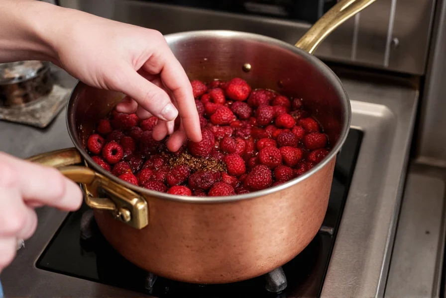 Chef's hands stirring raspberry and pepper mixture in copper pot during jam making process