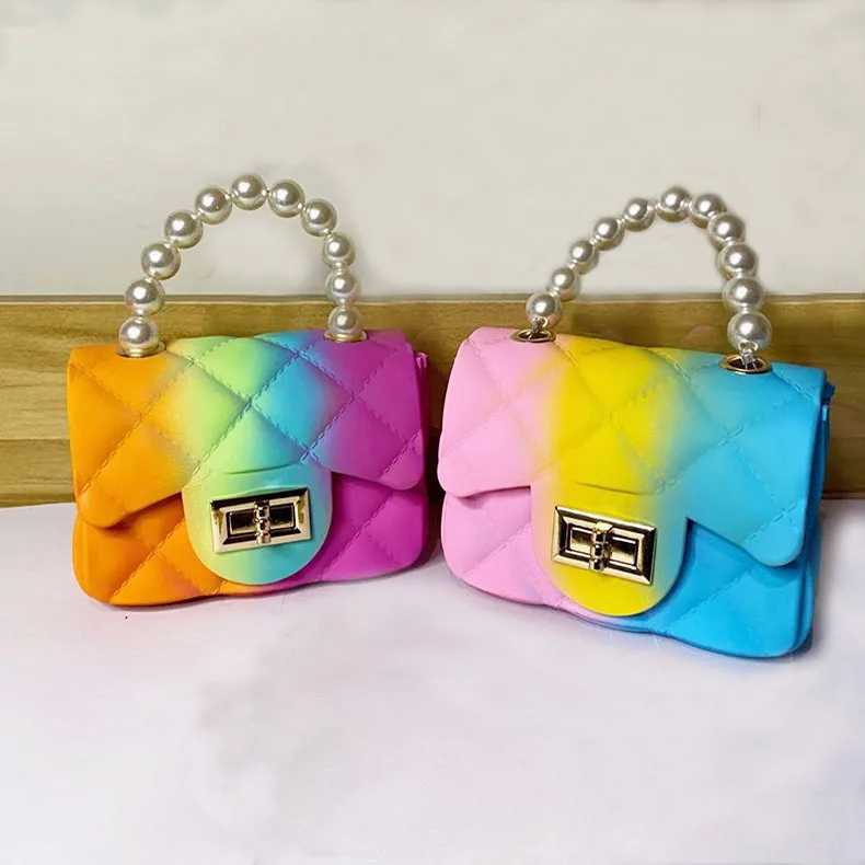 

Fashion Handbags Summer 2021 Latest Style Rainbow PVC Mini Jelly Hand Bags Luxury Women Hand Purse Pearl Handle Handbag