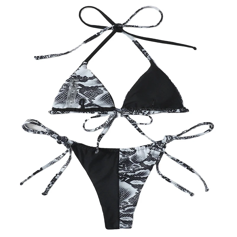 

Women Sexy Halter Thong Bikini Tie Two Sides Bottom Triangle Bikini Set Snake Print Swimsuits Two Piece Bathing Suit