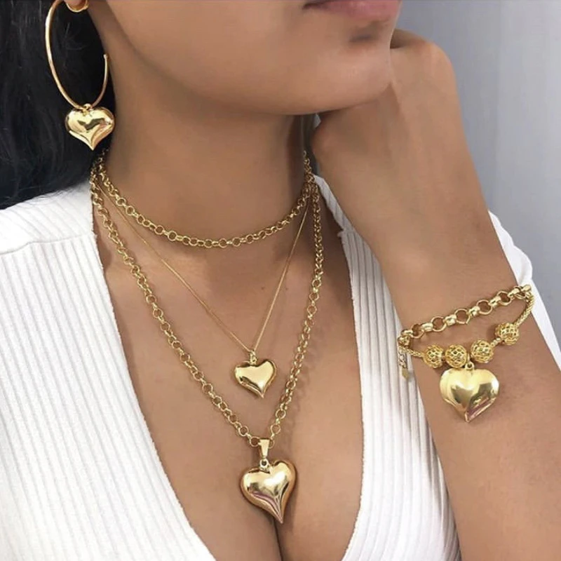 Hot Selling Fashion Heart Jewelry set Gold Heart Necklace Earrings Bracelet Set Women Gold Jewelry set