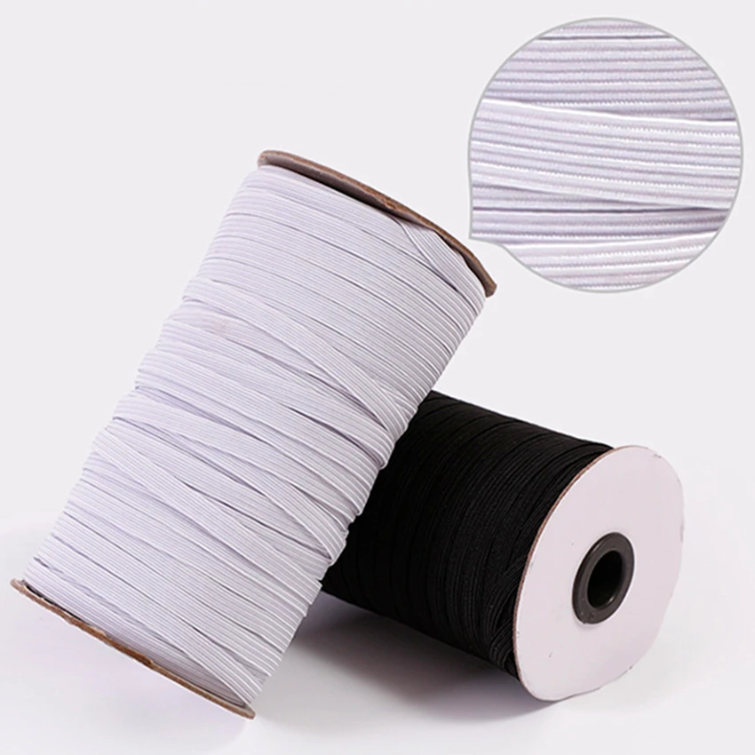 

Stock Soft Elastic Cord 3mm 4mm 5mm 6mm Good Quality Elastic Tape Webbing Wholesale Braided Flat Elastic Band 100 yards/roll, White, black, custom color is acceptable