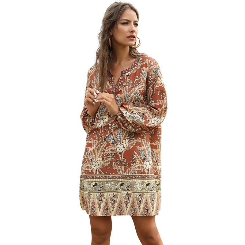 

Summer Floral Print Dress V-neck Long Sleeve Dress Bohemian Midi Dresses