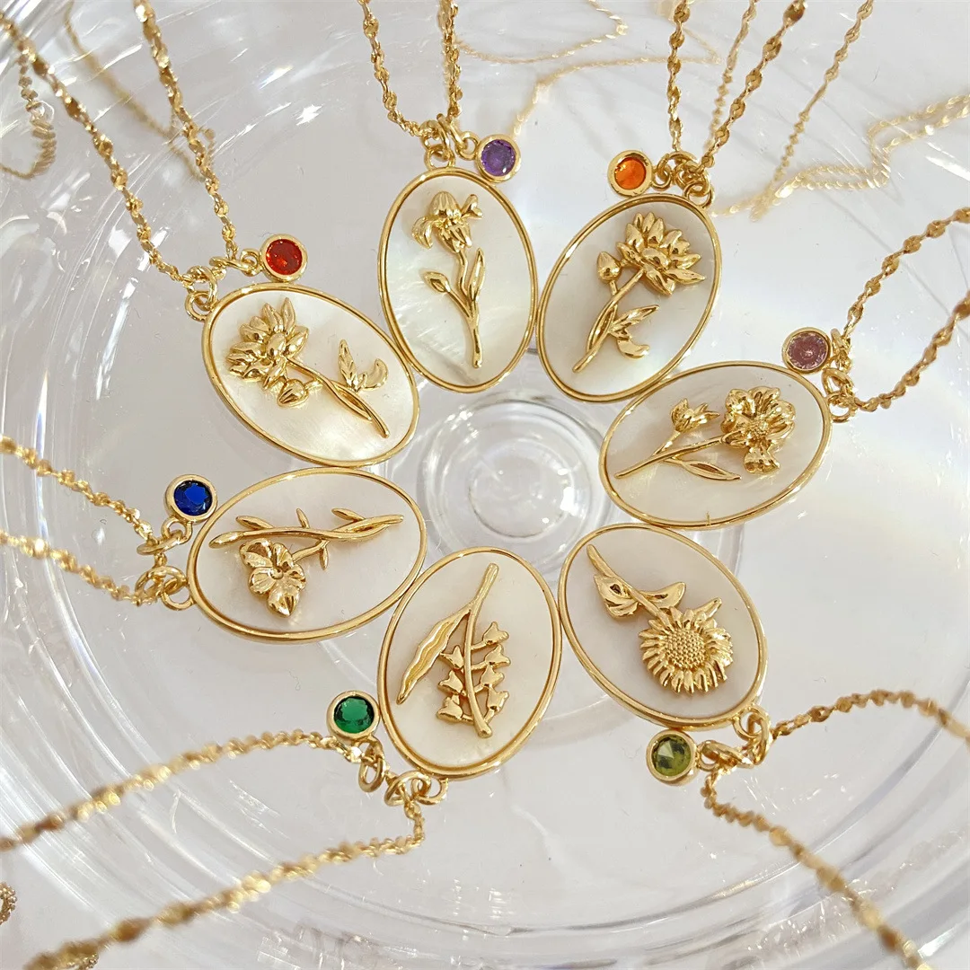 

Stainless Steel Fine Jewelry Oval Pendant Women Birthflower Birth Month Stone Flower Shell Gold Plated Necklace
