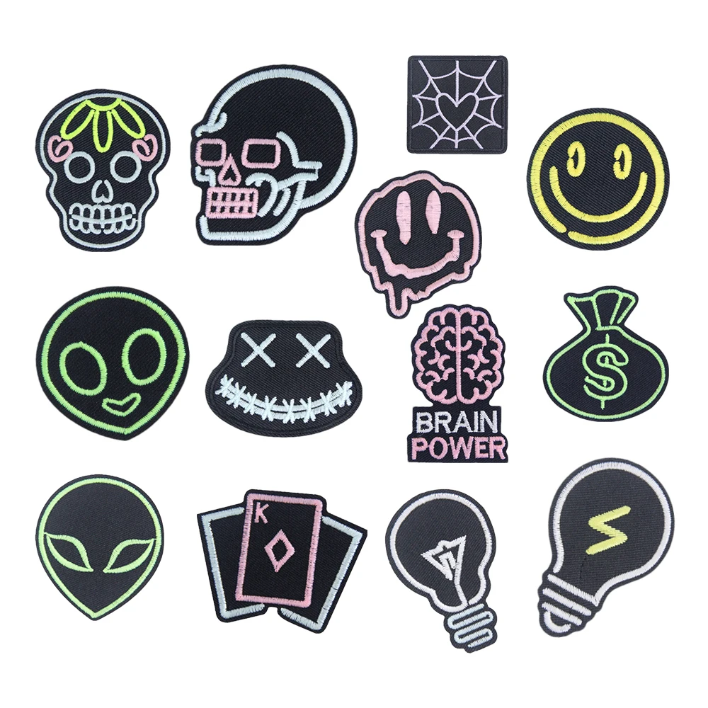 punk style glow in the dark iron on skull custom logo personalized embroidery patches for cap handbag