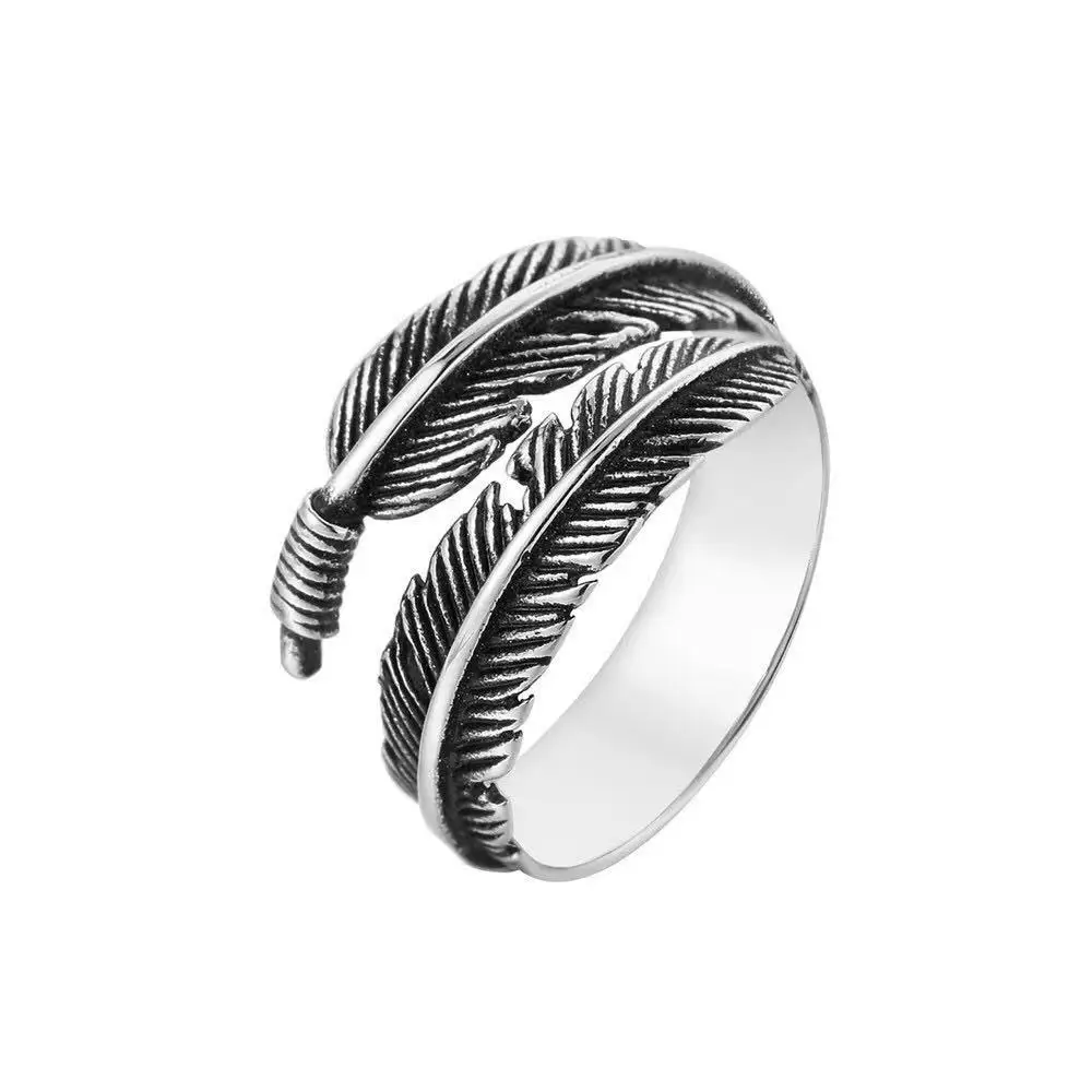 

Fashion stainless steel jewelry Black Retro personalized ring women's open feather ring