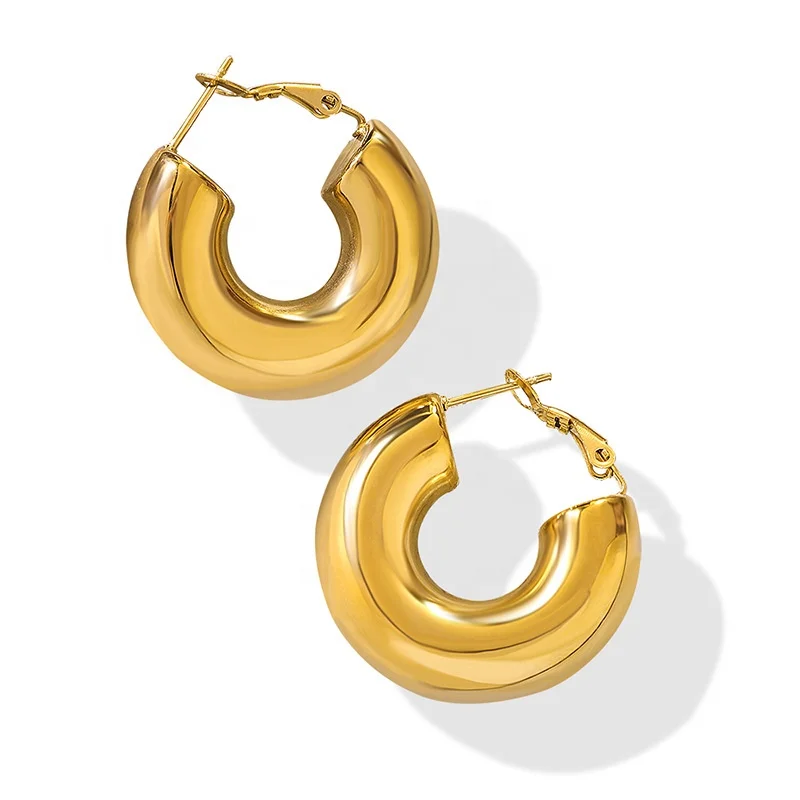 

INS Minimalist 18k Gold Plated Stainless Steel C Shaped Thick Chunky Lager Hoop Earrings For Ladies 2023