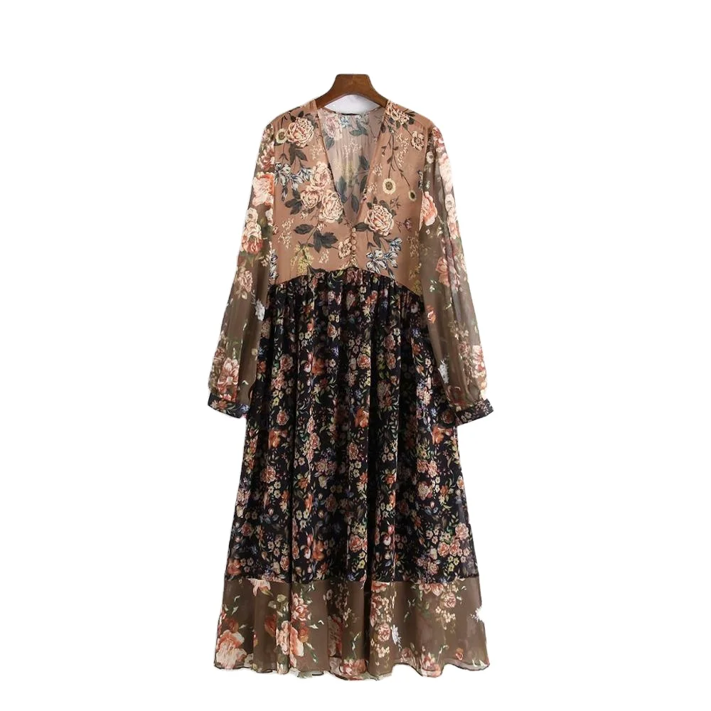 

2019 SS V Neck Floral Print Chiffon Dress for Women, As pictures show