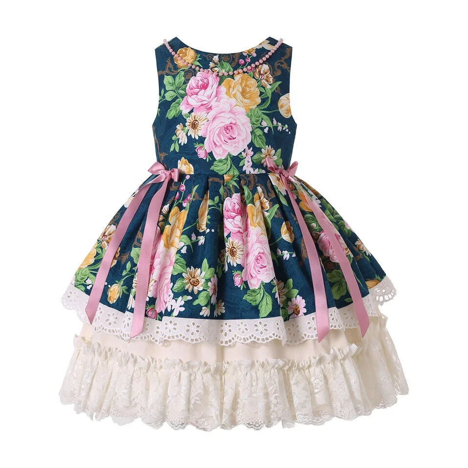 

Pettigirl Green Cute Party Dresses Outfits For Girls 12 Year Olds Digital Print Flowers Dress with pearls around the collar