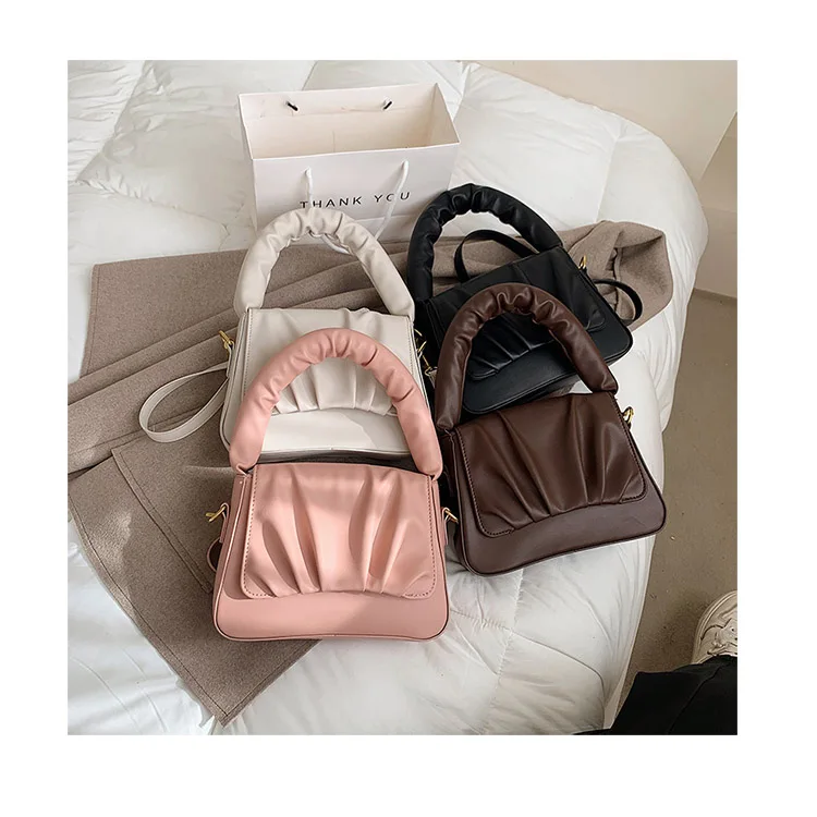 

Women Pleated Solid Color Cloud Bags Soft PU Leather Handle Handbags Simple Leisure Flap Small Square Bags Female Crossbody Bags