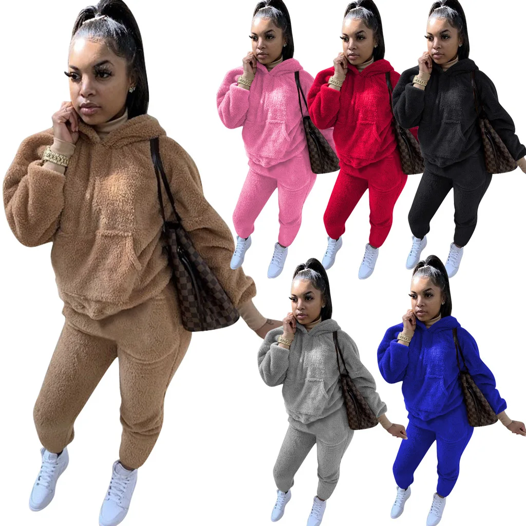 

2020 new casual women's clothing wholesale solid color plush hooded sweater trousers two-piece suit plush fabric warm two-piece