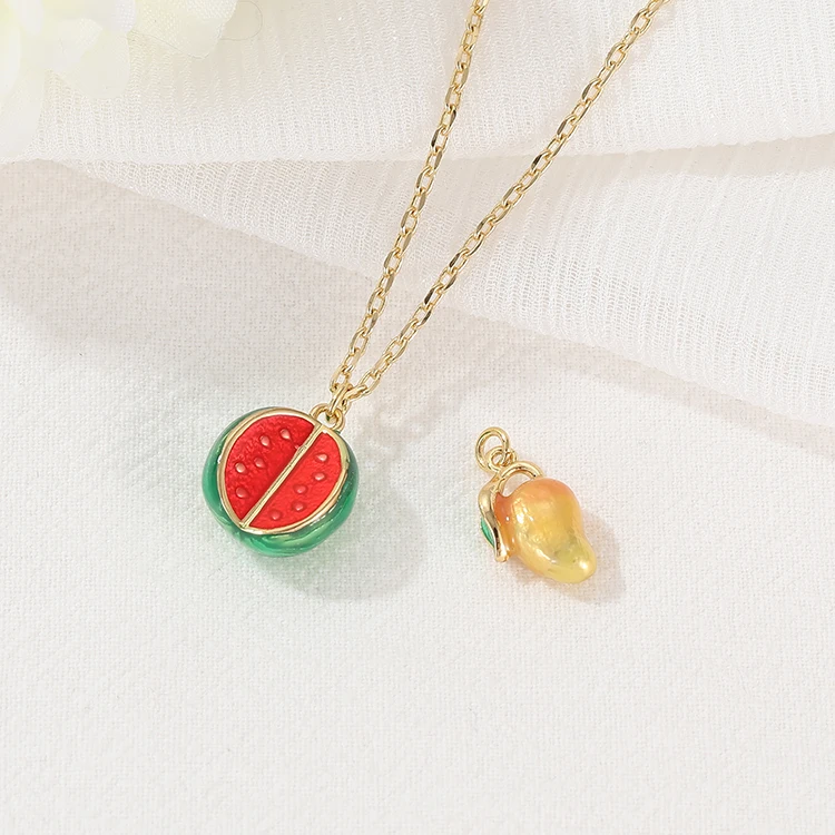 

Gold Plated Brass Watermelon Mango Shape Enamel Fruit Necklace Charms For Jewelry Making