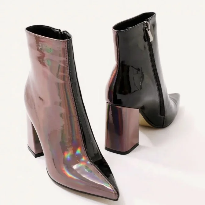 

New Design Flourscent Patchwork Women Ankle Boots Ladies Pointed Chunky Heels Short Boots Women Mirror Patent Leather Shoes, Multicolors