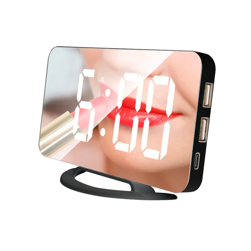 

electronic dual USB charging port clock brightness adjustable digital mirror table alarm snooze mirror clock, As shown