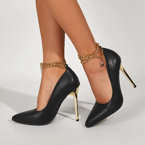 

101818 autumn fashion lock chain decor faux leather women shoes metallic stiletto heels pointed toe lady pumps office footwear