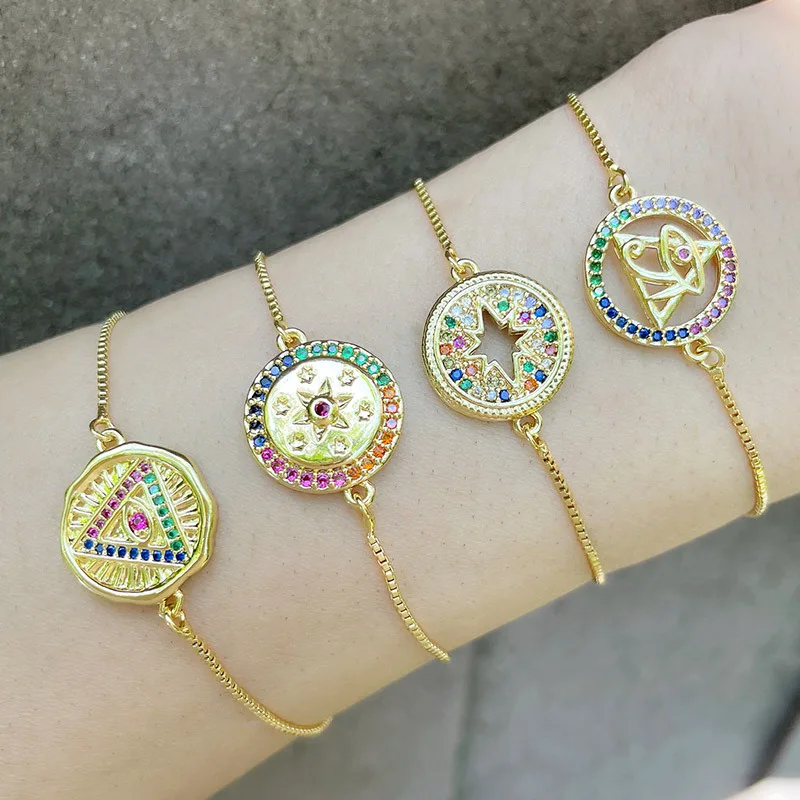 

High quality gold plated evil eye bracelet jewelry custom geometric adjustable colorful zircon bracelet for women, 18k gold plating