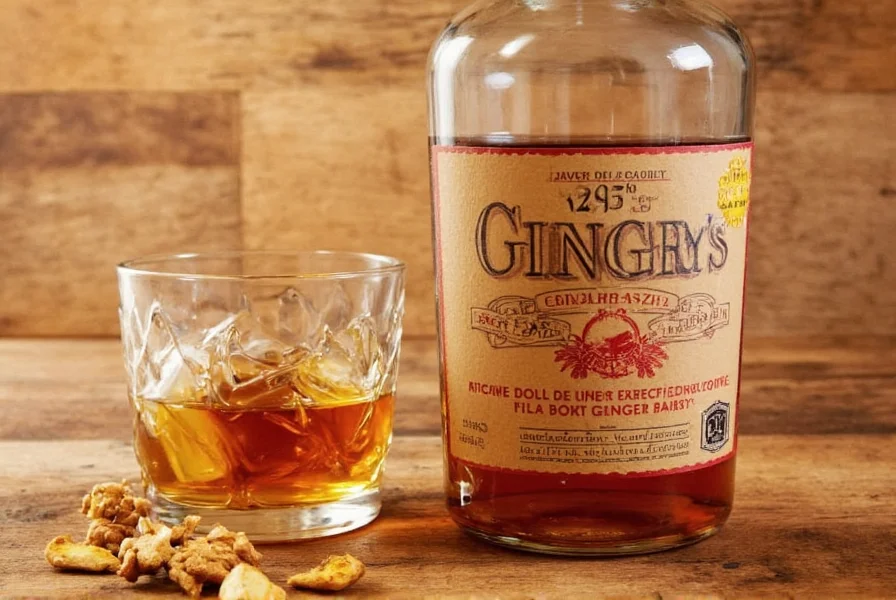 Close-up of ginger root pieces and brandy bottle showing traditional ginger brandy production process