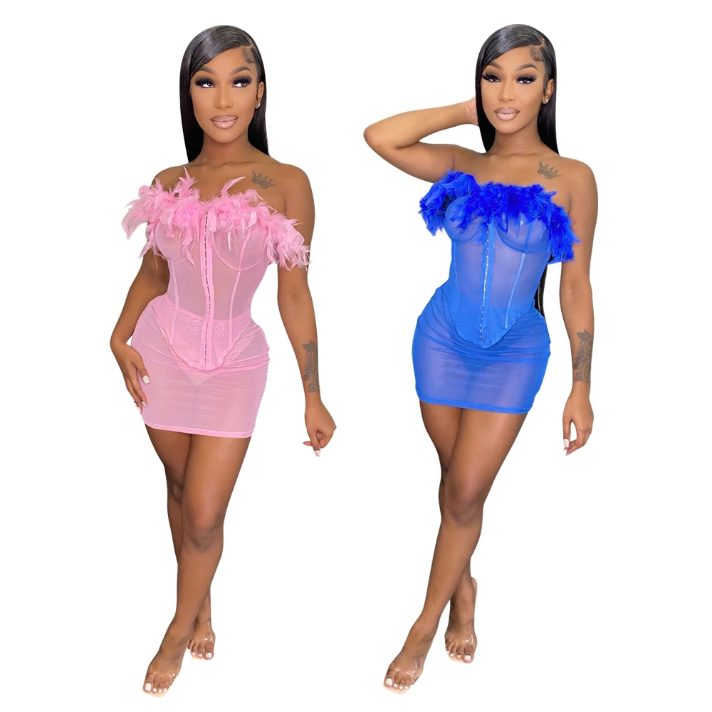 

CY9531 Foma spring summer 2022 women transparent mesh women feather sexy top no underwear buckle front two piece skirt set women, 2 colors