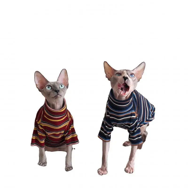 

Sphynx Cat Clothes Cotton Material Thin And Thick Comfortable Warm Sweatshirt Pet Apparel Stripe Clothes, Blue , white