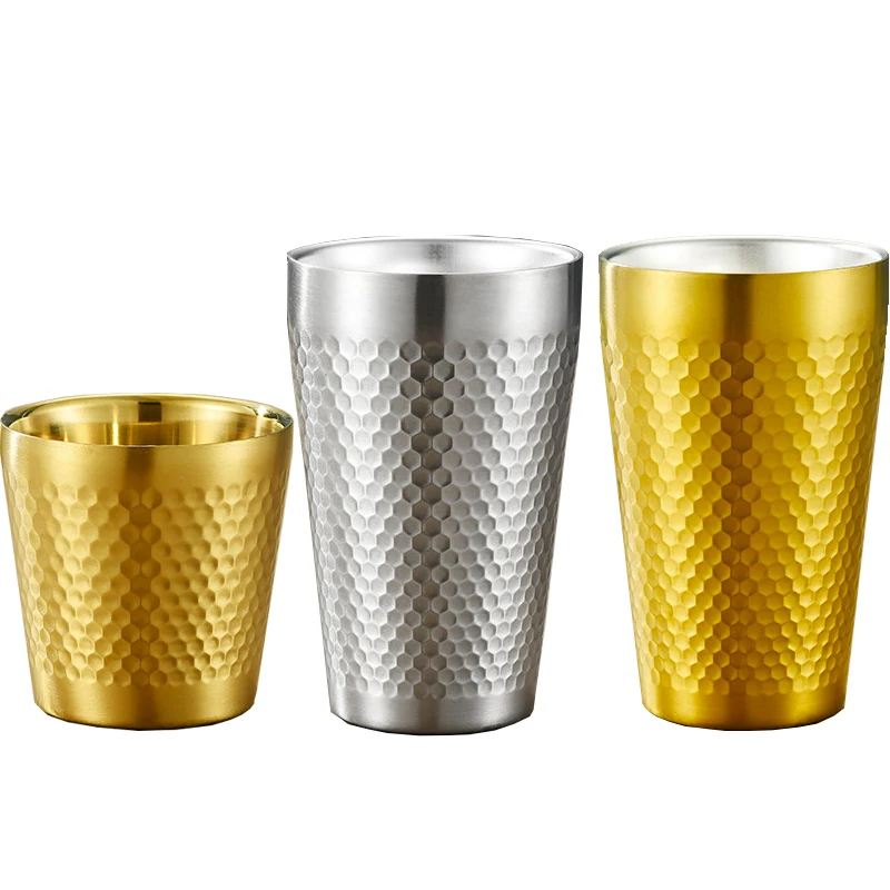 

SUS304 Stackable Gold Double Wall Pint Cocktail Cup Tumbler Hammered Metal Drinking Stainless Steel Beer mugs, Sliver,gold