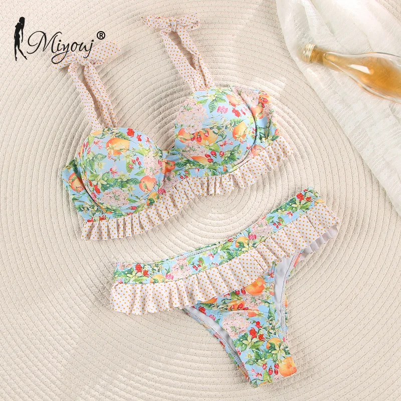 

Miyouj Designer new floral printing swimwear women sexy string bathing suit push up swimsuit ruffles biquini custom bikini, Customized colors