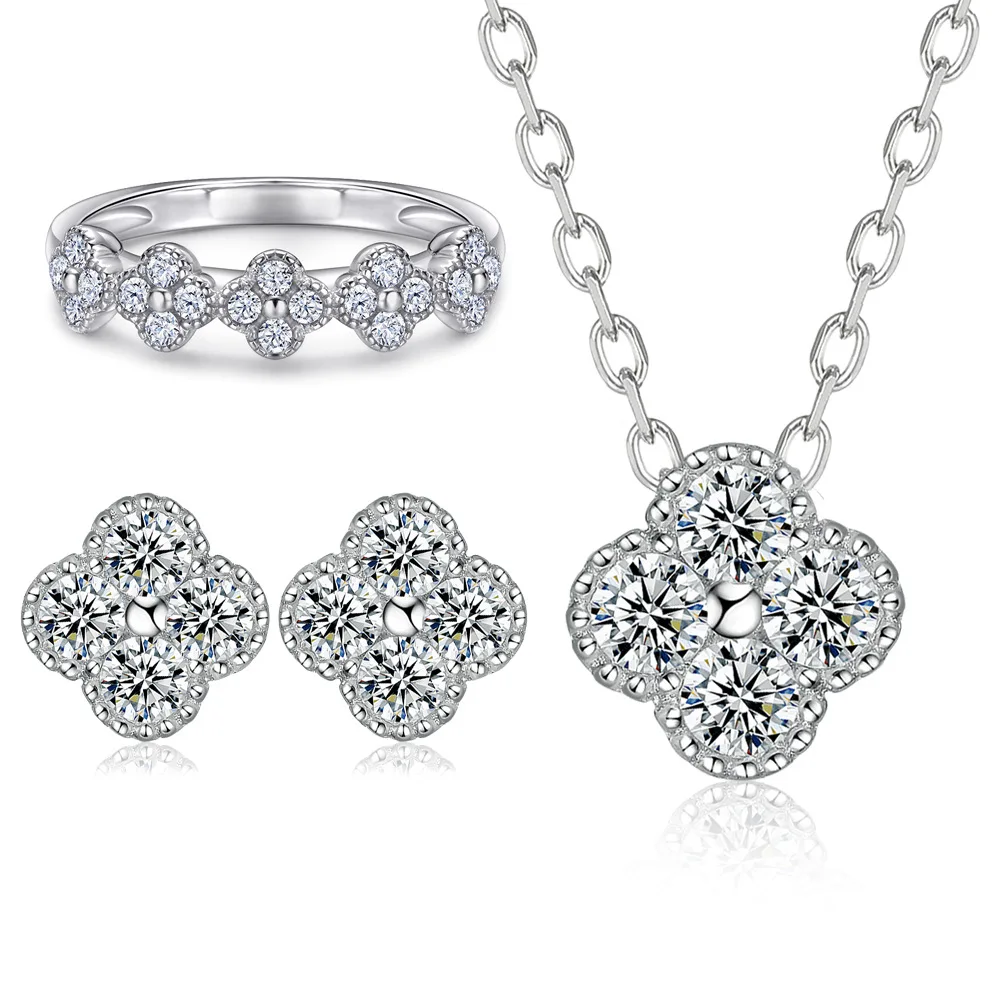 

Vana Luxury RTS Four Leaf Clover S925 Sterling Silver Cubic Zircon Fine Pendant Necklace Earrings Rings Women Silver Jewelry Set