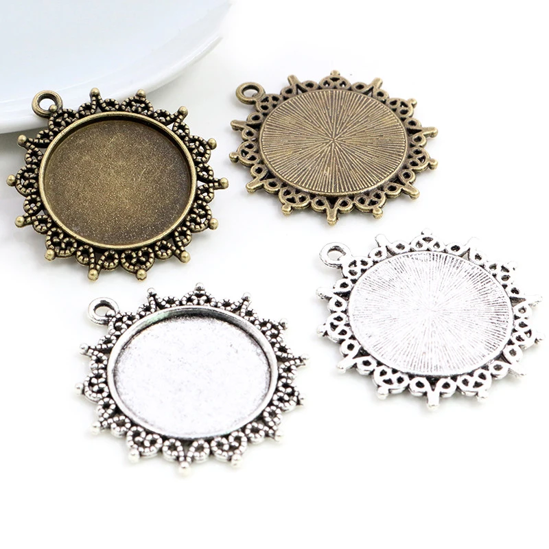 

25mm Inner Size Antique Bronze Silver Plated Pattern Cameo Cabochon Base Setting Charms Pendant Blank Bezel Trays