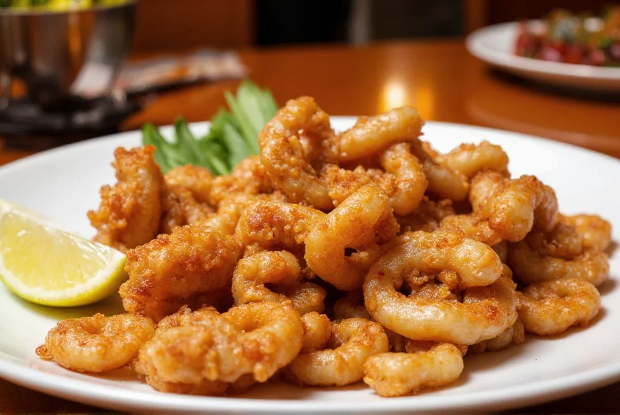 Freshly prepared salt pepper squid served in a traditional Chinese restaurant setting with visible crispy texture and garnished with lemon wedges