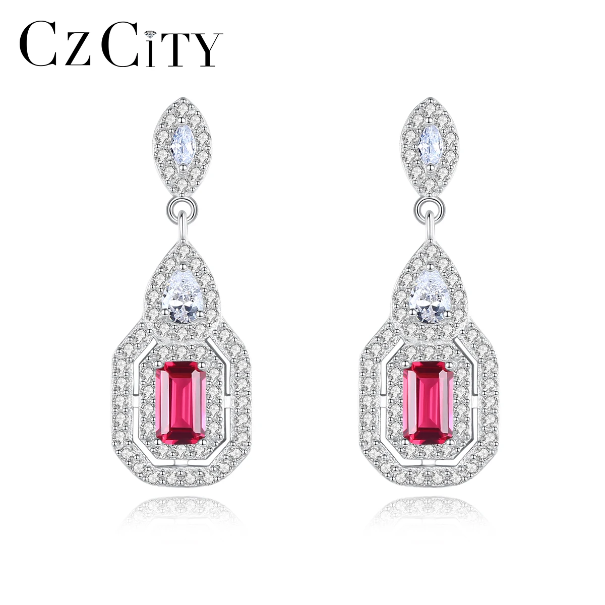 

CZCITY Luxury Platinum Men Made Ruby Gemstone Earrings Elegant Women Jewelry Vintage Design